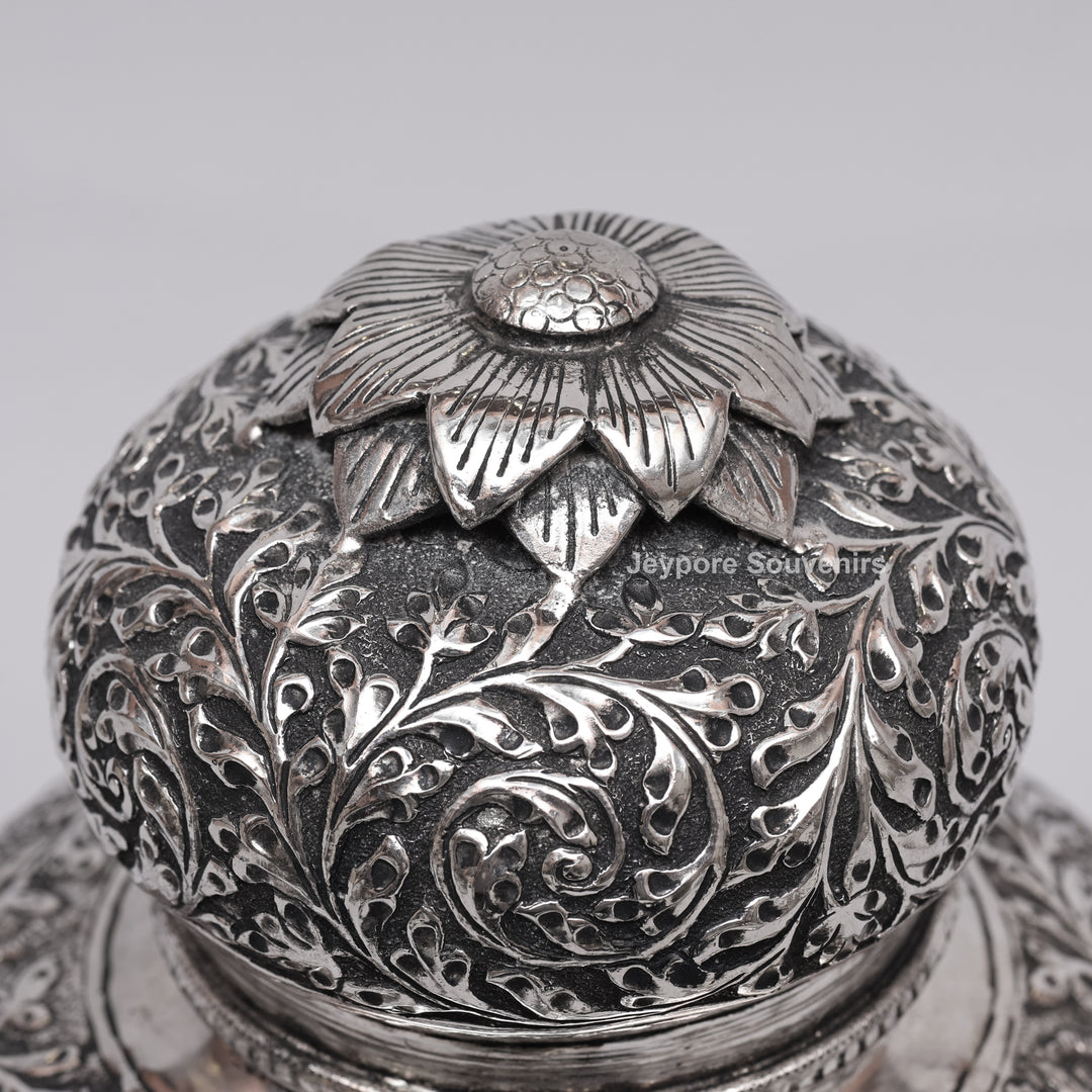 Handcrafted Silver Finish Floral Engraved Decorative Storage Urn with Elephant Motif