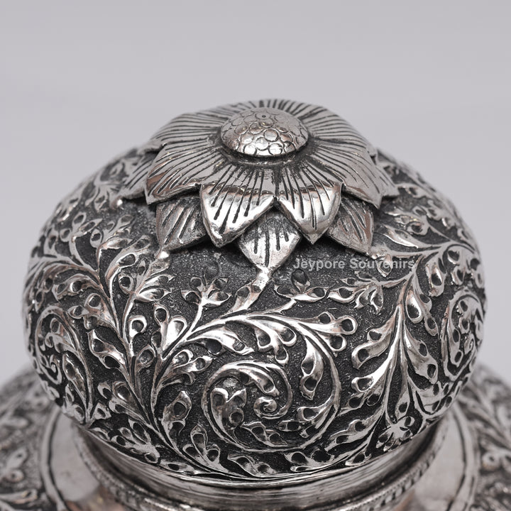 Handcrafted Silver Finish Floral Engraved Decorative Storage Urn with Elephant Motif