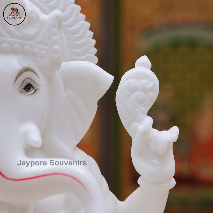 Handcrafted White Marble Lord Ganesha Idol with Lotus Pedestal &amp; Mouse