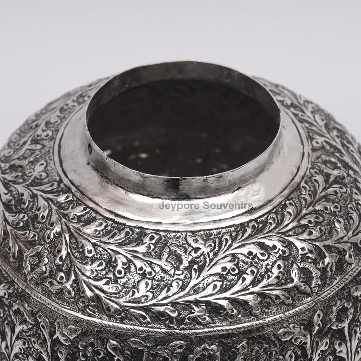 Handcrafted Silver Finish Floral Engraved Decorative Storage Urn with Elephant Motif