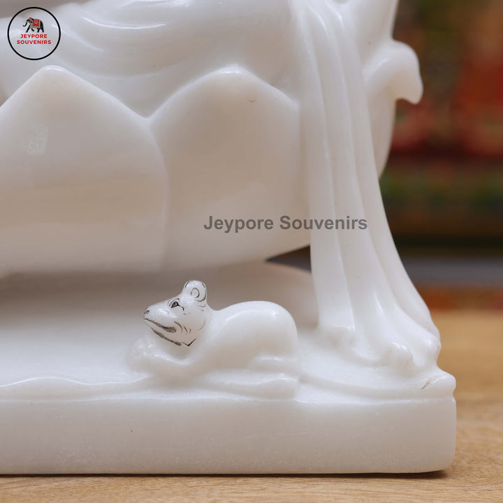 Handcrafted White Marble Lord Ganesha Idol with Lotus Pedestal &amp; Mouse
