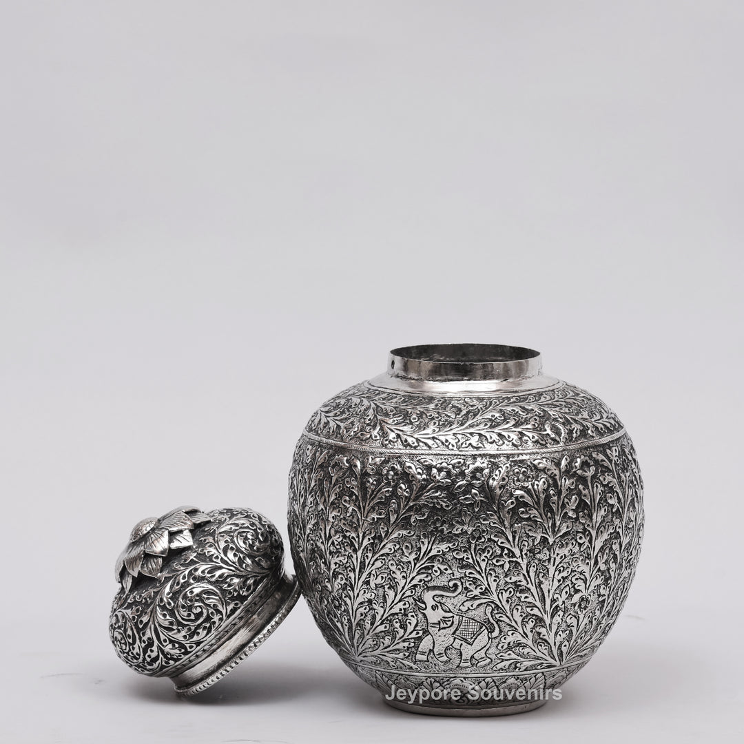 Handcrafted Silver Finish Floral Engraved Decorative Storage Urn with Elephant Motif