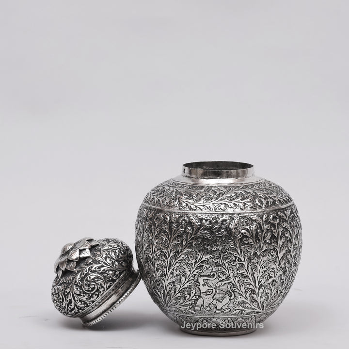 Handcrafted Silver Finish Floral Engraved Decorative Storage Urn with Elephant Motif