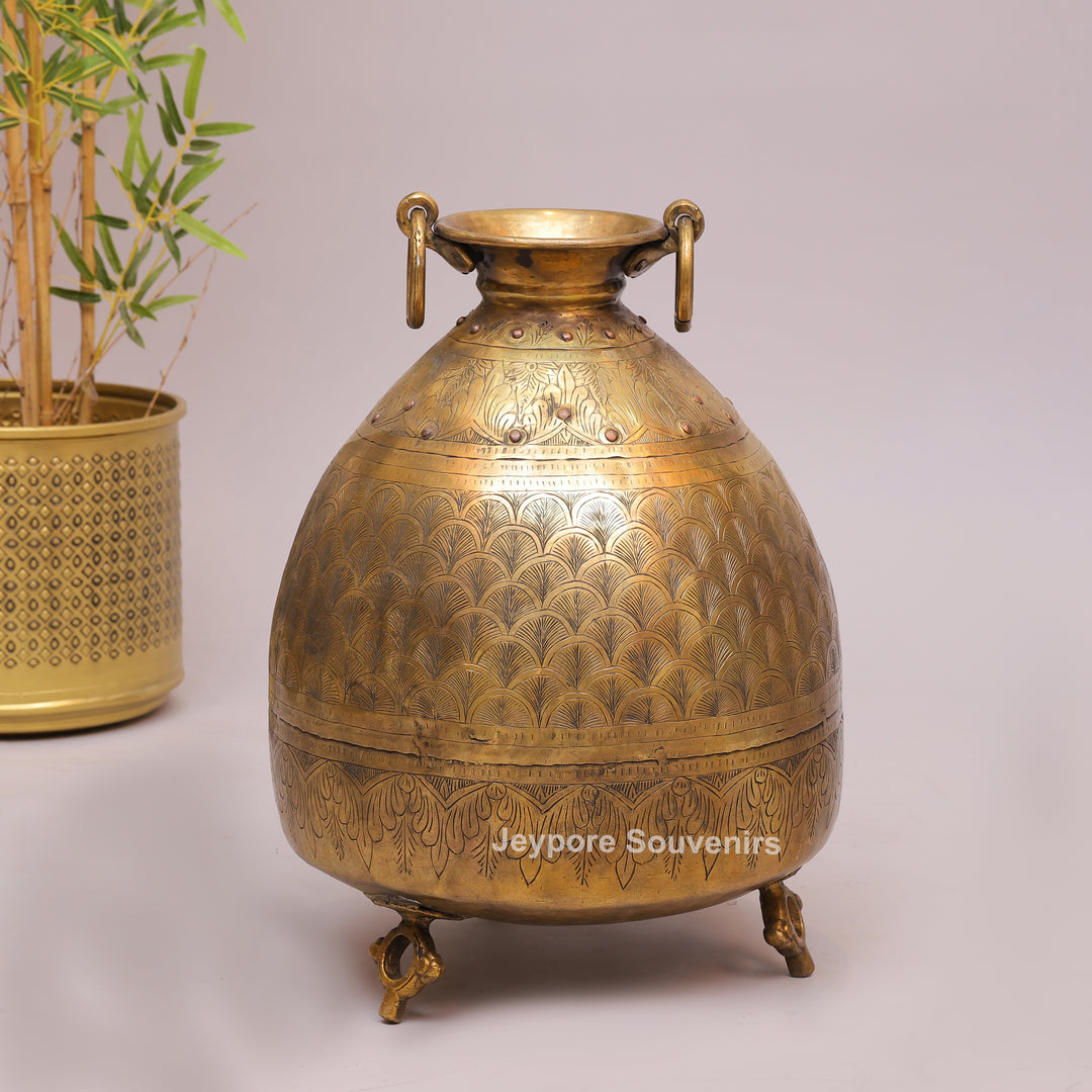 Large Handcrafted Brass Planter Pot with Intricate Floral &amp; Ring Handles