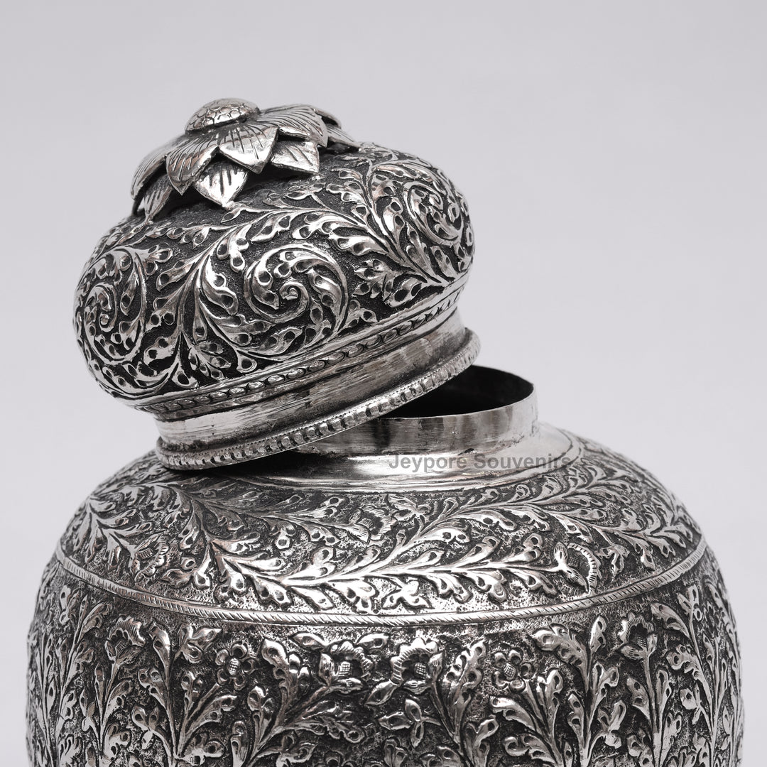 Handcrafted Silver Finish Floral Engraved Decorative Storage Urn with Elephant Motif