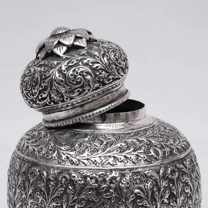 Handcrafted Silver Finish Floral Engraved Decorative Storage Urn with Elephant Motif