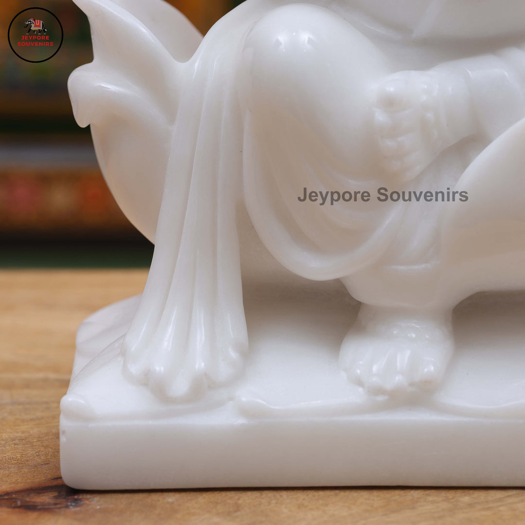 Handcrafted White Marble Lord Ganesha Idol with Lotus Pedestal &amp; Mouse