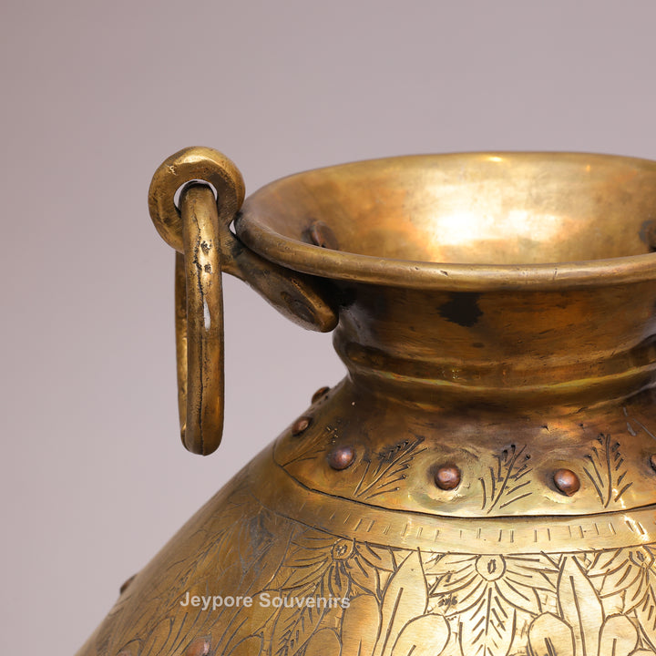 Large Handcrafted Brass Planter Pot with Intricate Floral &amp; Ring Handles