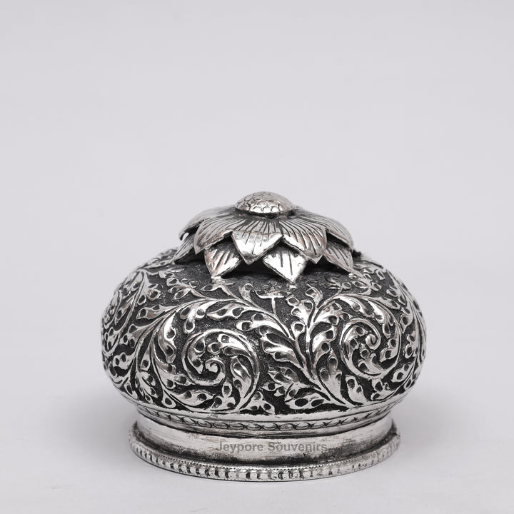 Handcrafted Silver Finish Floral Engraved Decorative Storage Urn with Elephant Motif