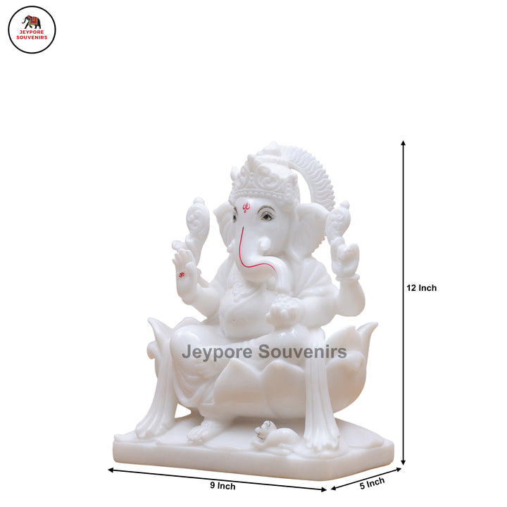 Handcrafted White Marble Lord Ganesha Idol with Lotus Pedestal &amp; Mouse