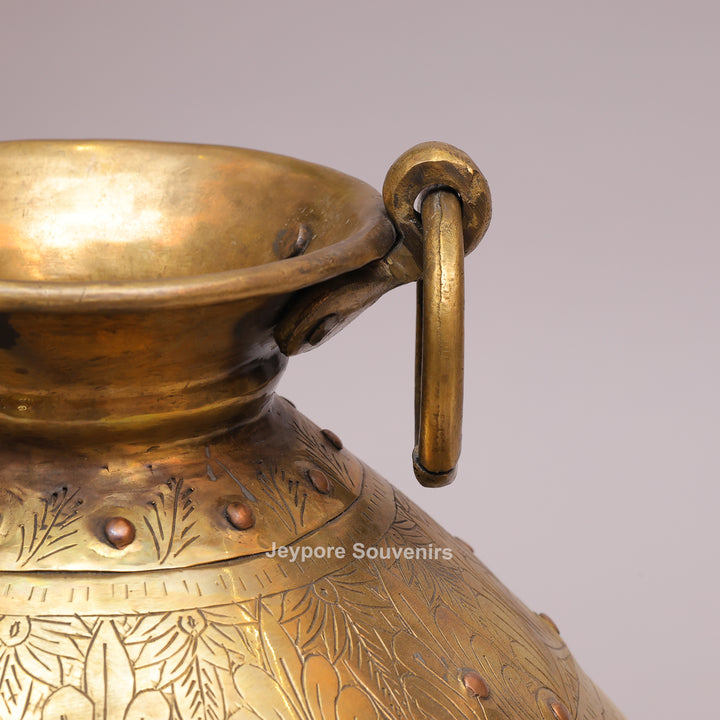 Large Handcrafted Brass Planter Pot with Intricate Floral &amp; Ring Handles