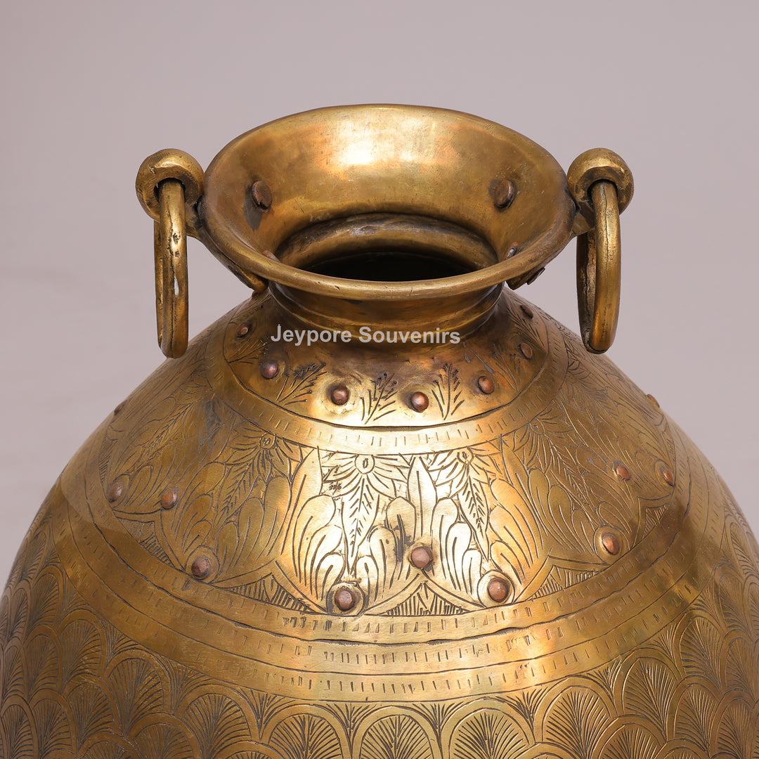 Large Handcrafted Brass Planter Pot with Intricate Floral &amp; Ring Handles
