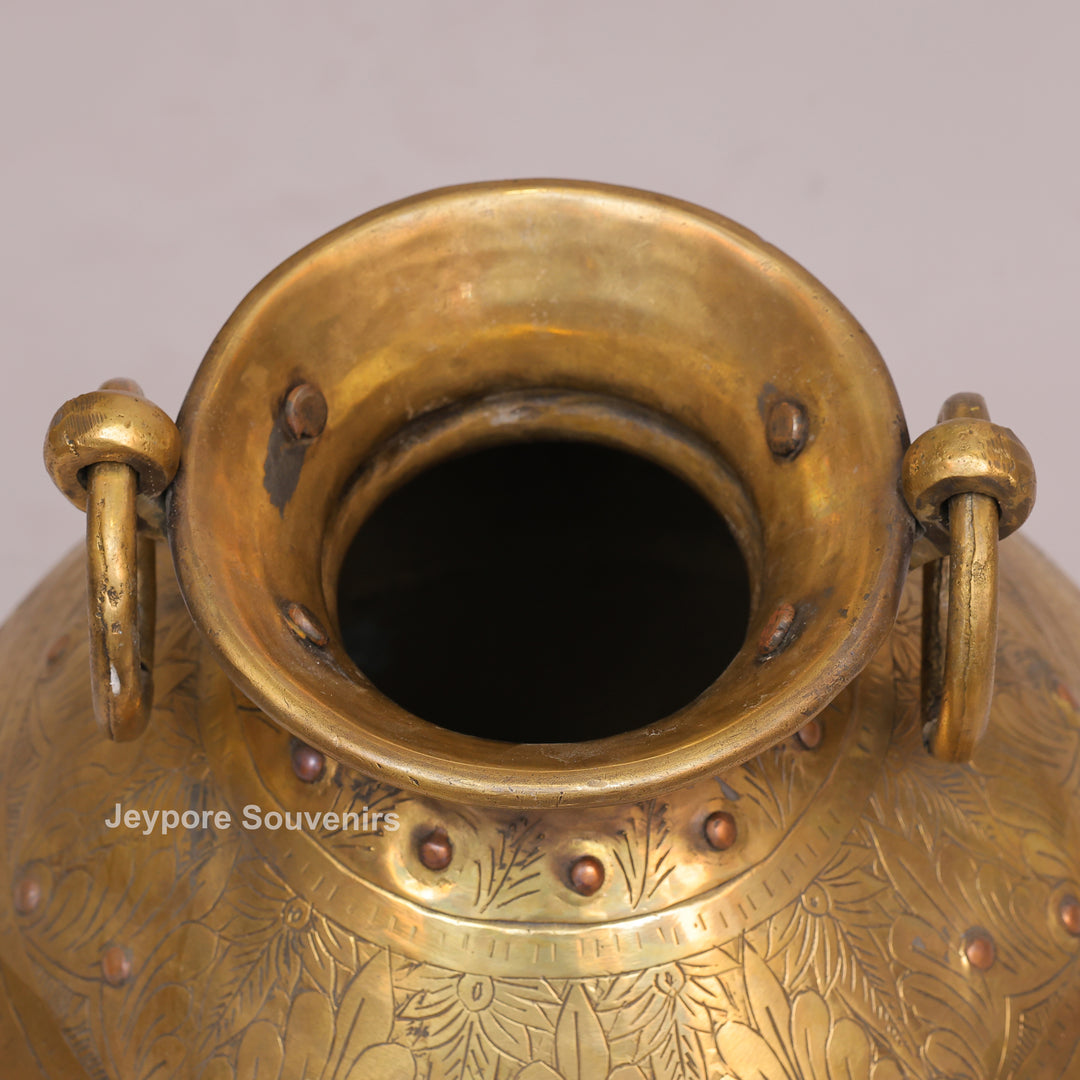 Large Handcrafted Brass Planter Pot with Intricate Floral &amp; Ring Handles