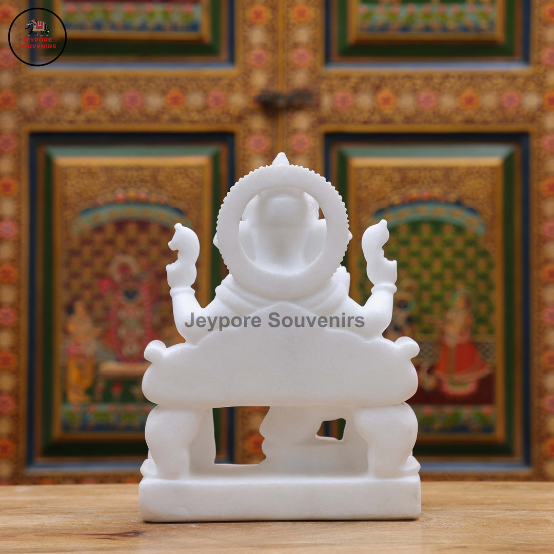 Handcrafted Pure White Marble Lord Ganesha Idol Seated on Ornate Throne