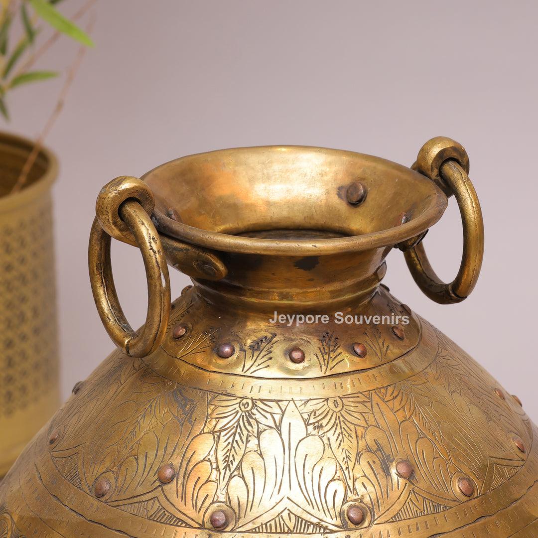 Large Handcrafted Brass Planter Pot with Intricate Floral &amp; Ring Handles