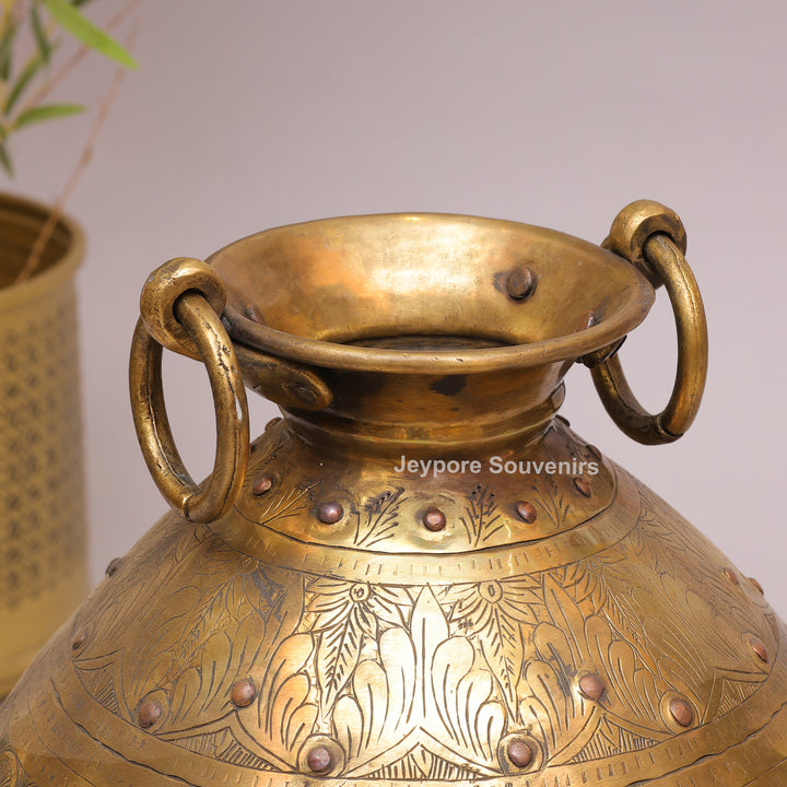 Large Handcrafted Brass Planter Pot with Intricate Floral &amp; Ring Handles