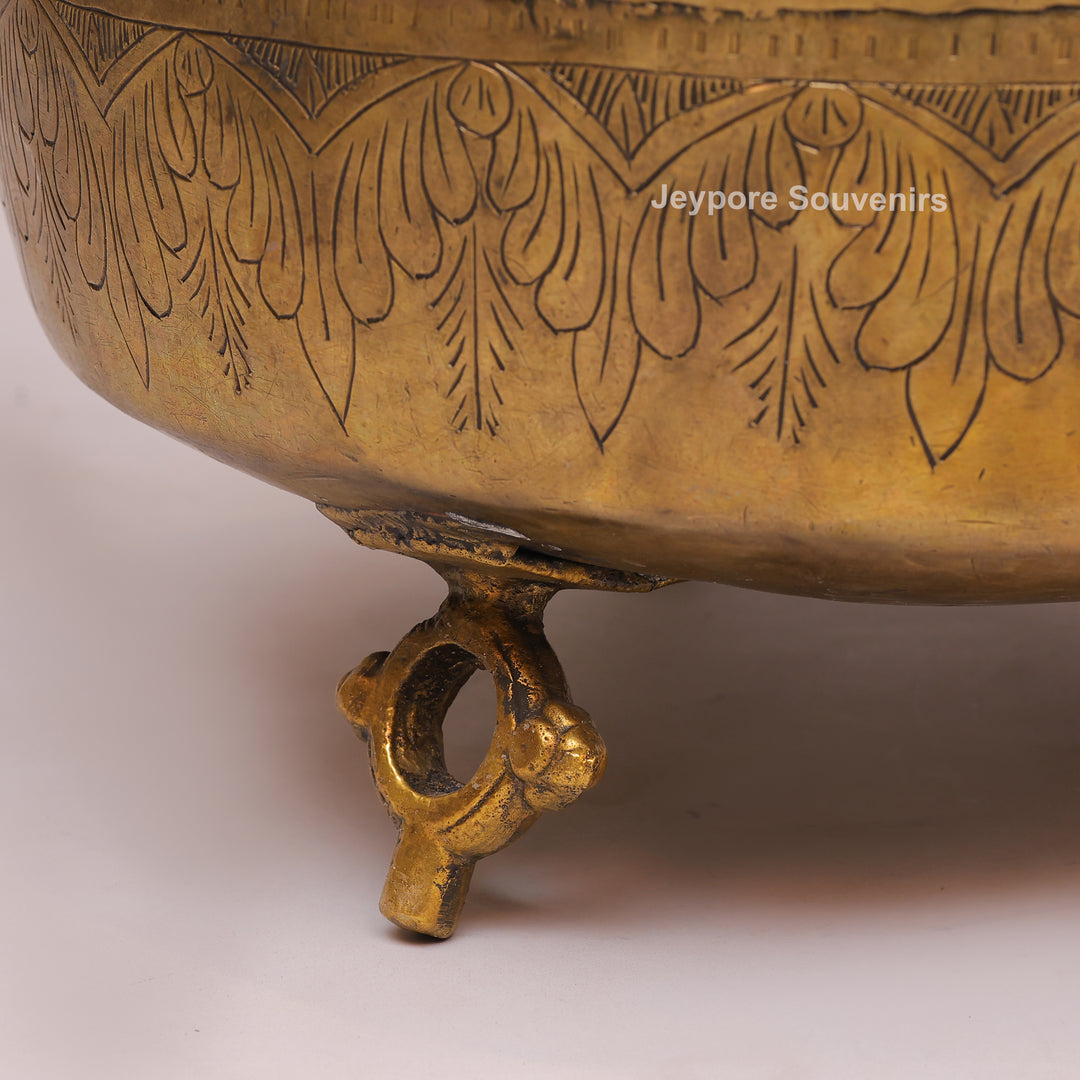 Large Handcrafted Brass Planter Pot with Intricate Floral &amp; Ring Handles