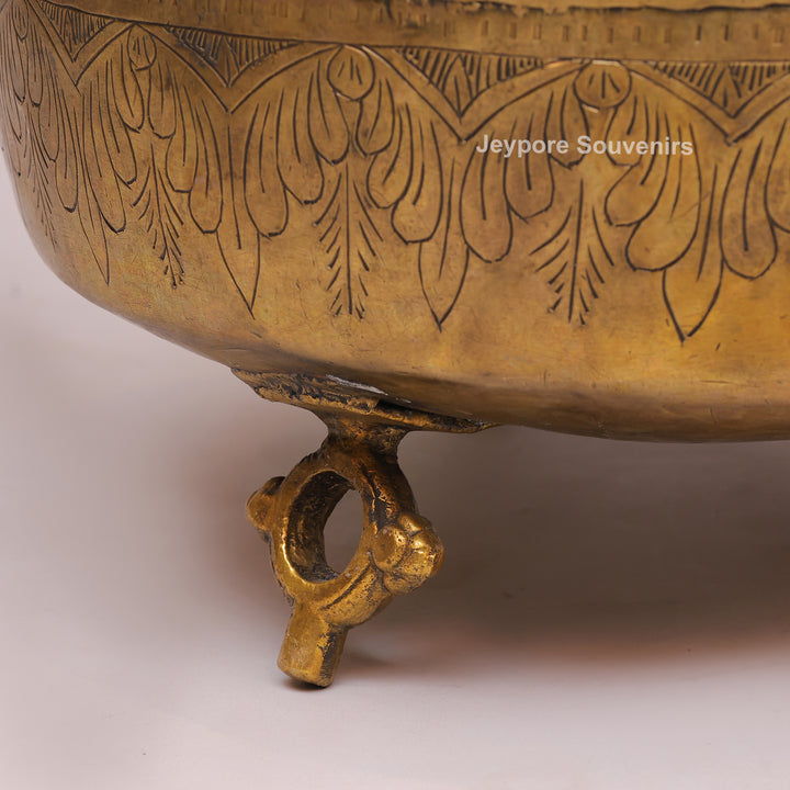 Large Handcrafted Brass Planter Pot with Intricate Floral &amp; Ring Handles