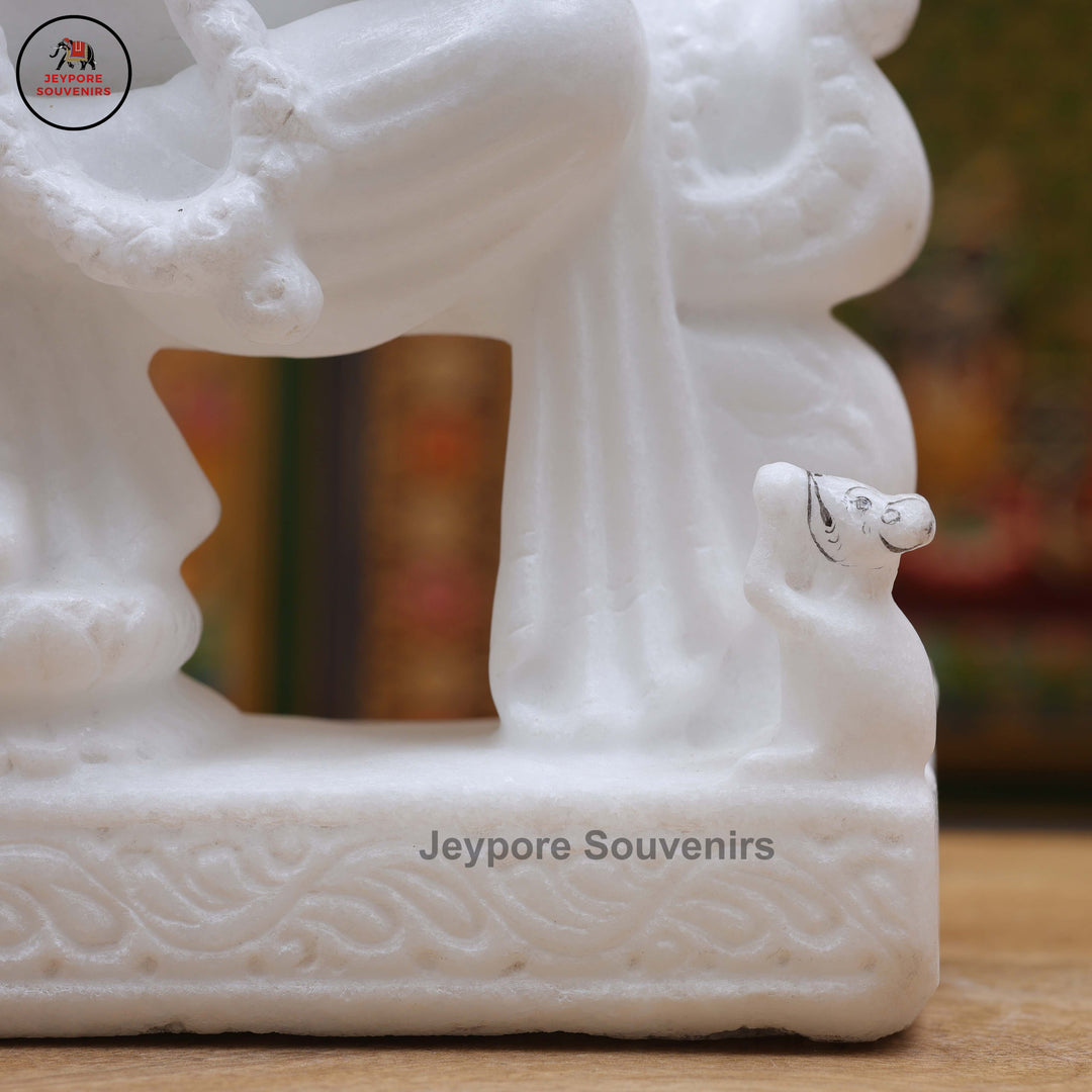 Handcrafted Pure White Marble Lord Ganesha Idol Seated on Ornate Throne