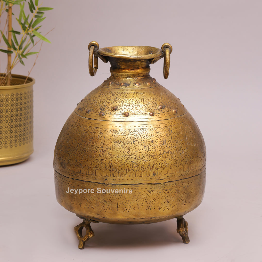 Brass Handcrafted Engraved Planter Pot with Ring Handles