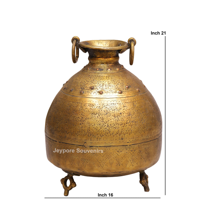 Brass Handcrafted Engraved Planter Pot with Ring Handles