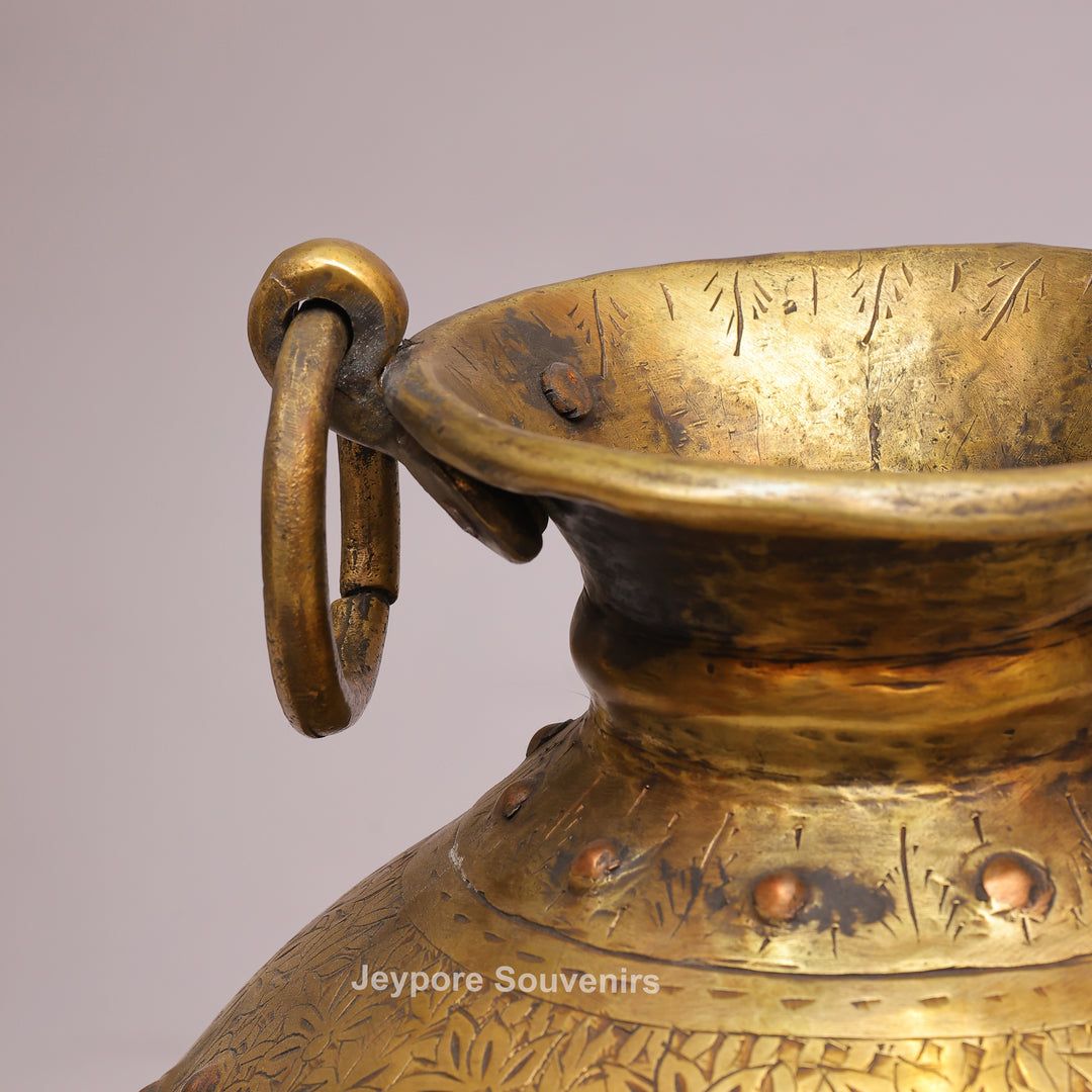 Brass Handcrafted Engraved Planter Pot with Ring Handles
