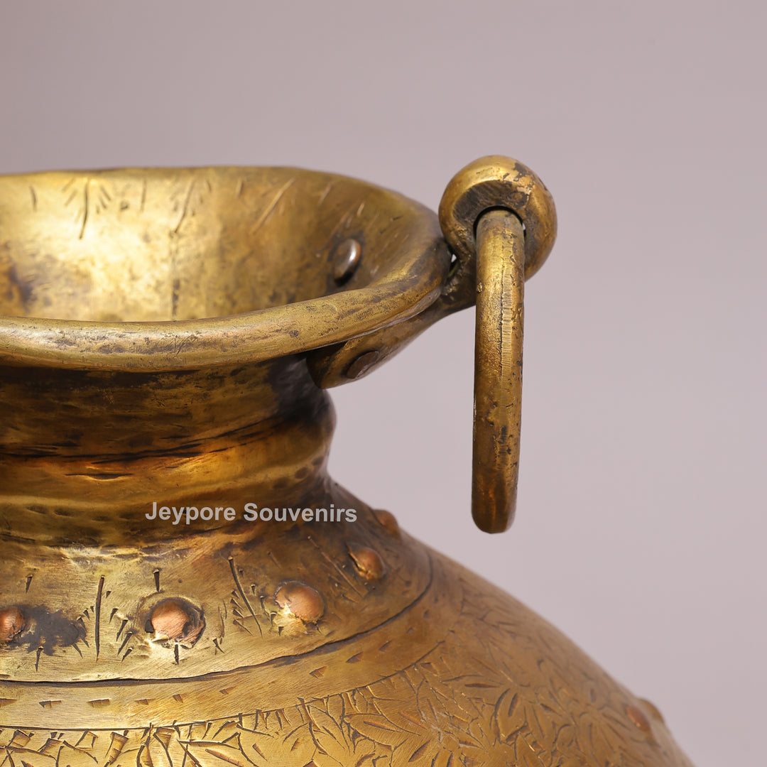 Brass Handcrafted Engraved Planter Pot with Ring Handles