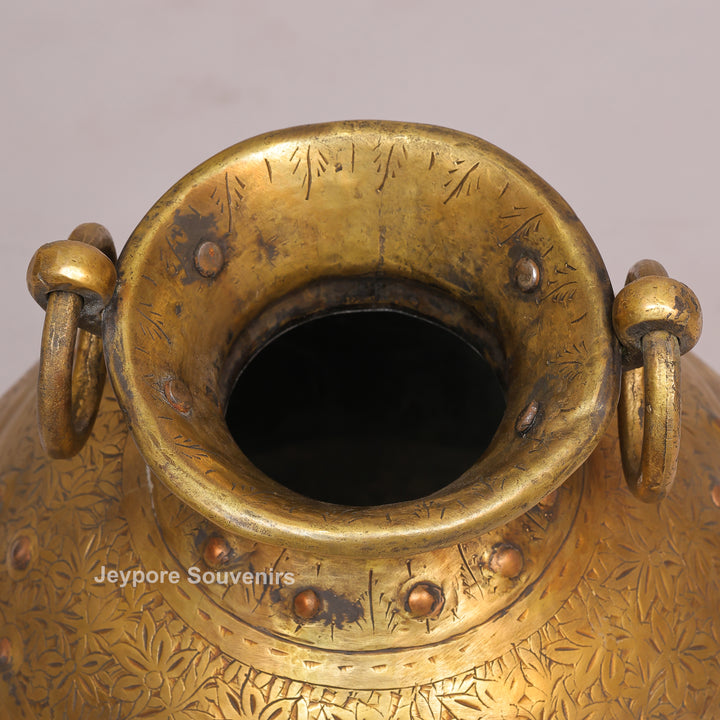 Brass Handcrafted Engraved Planter Pot with Ring Handles