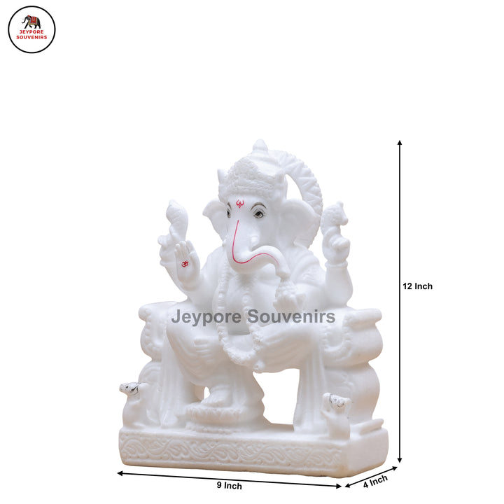 Handcrafted Pure White Marble Lord Ganesha Idol Seated on Ornate Throne