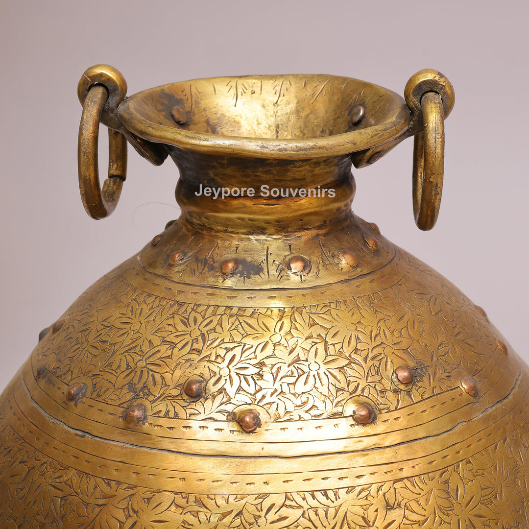 Brass Handcrafted Engraved Planter Pot with Ring Handles