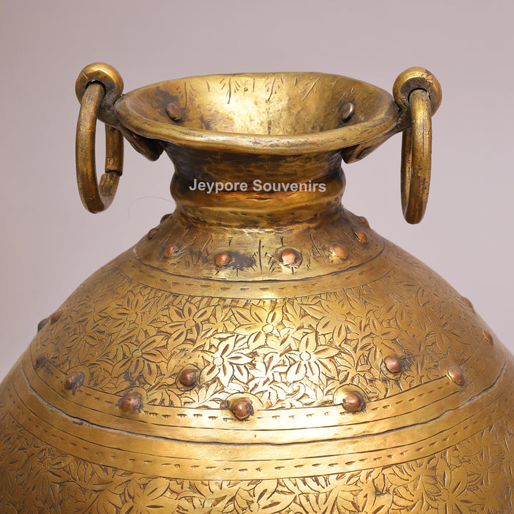 Brass Handcrafted Engraved Planter Pot with Ring Handles