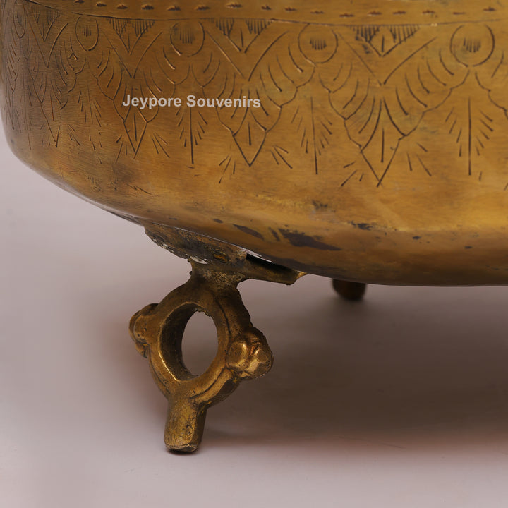 Brass Handcrafted Engraved Planter Pot with Ring Handles