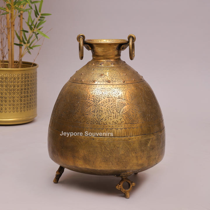 Handcrafted Brass Pot with Floral Engraving &amp; Ring Handles