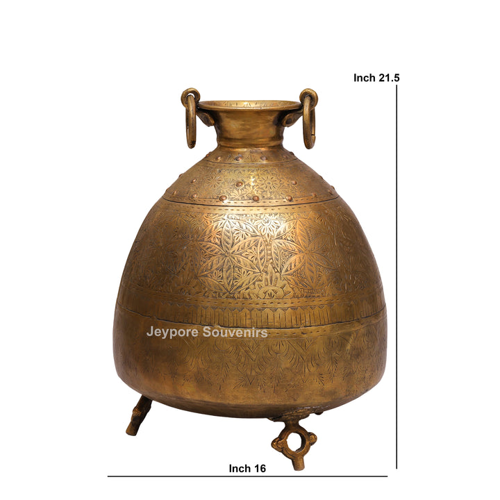 Handcrafted Brass Pot with Floral Engraving &amp; Ring Handles