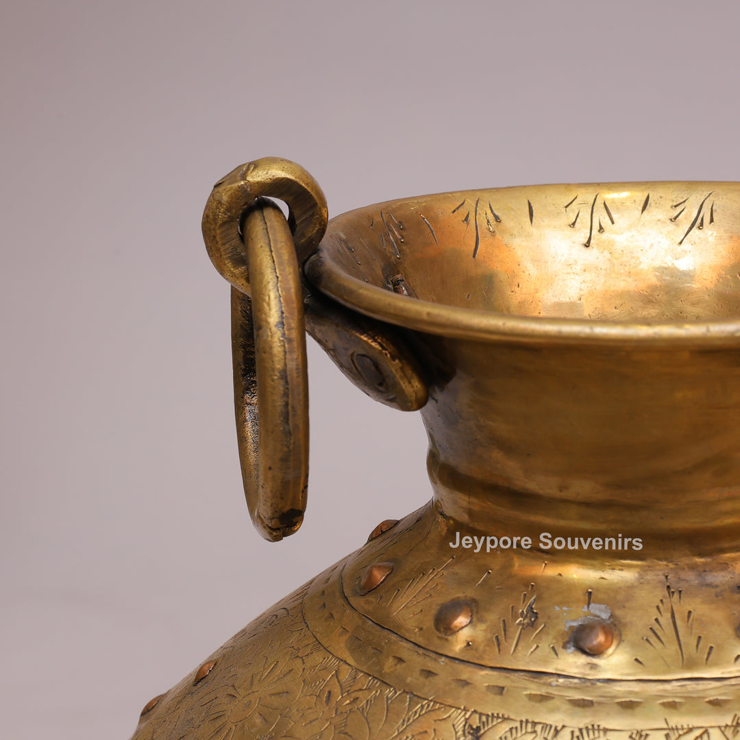 Handcrafted Brass Pot with Floral Engraving &amp; Ring Handles