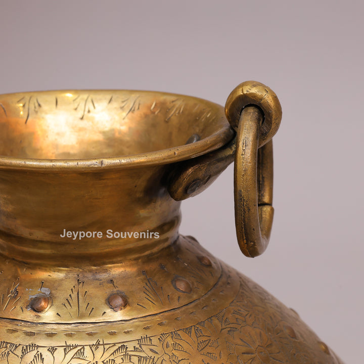 Handcrafted Brass Pot with Floral Engraving &amp; Ring Handles