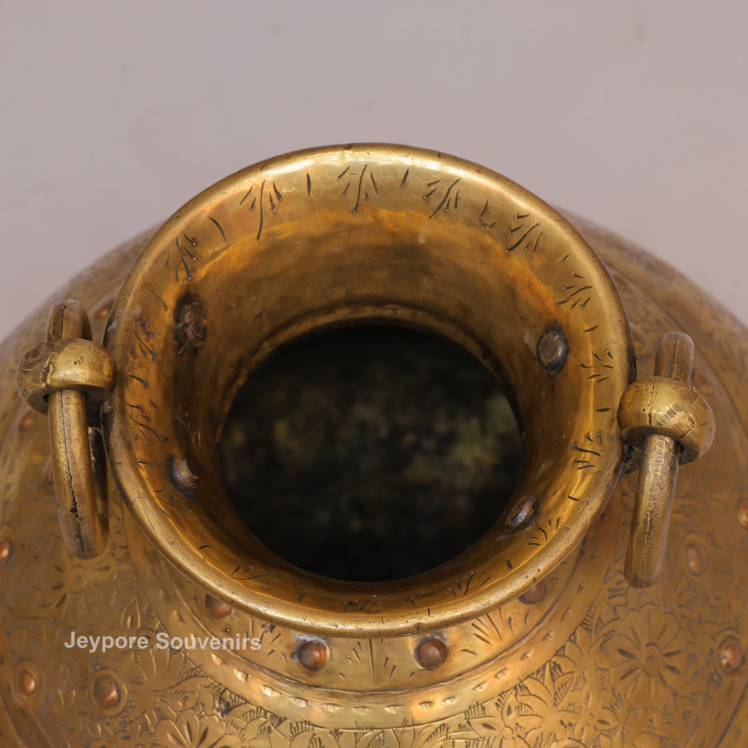Handcrafted Brass Pot with Floral Engraving &amp; Ring Handles