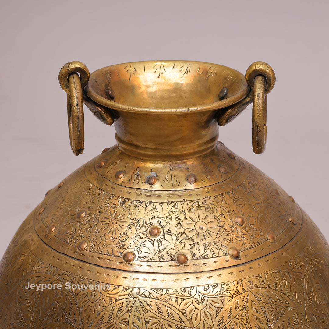 Handcrafted Brass Pot with Floral Engraving &amp; Ring Handles