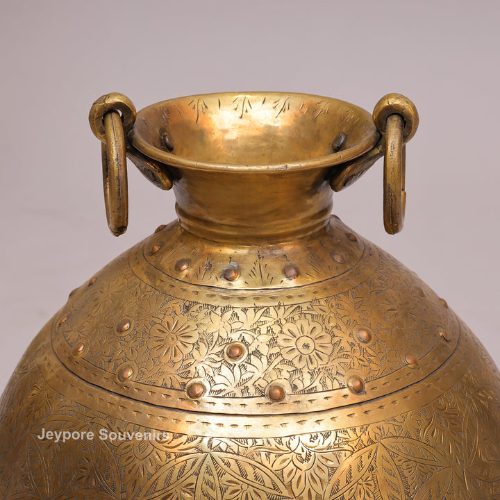 Handcrafted Brass Pot with Floral Engraving &amp; Ring Handles