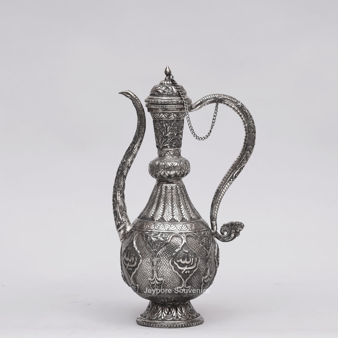 Hand-Engraved Middle Eastern Antique Silver-Polished Copper Surai Ewer