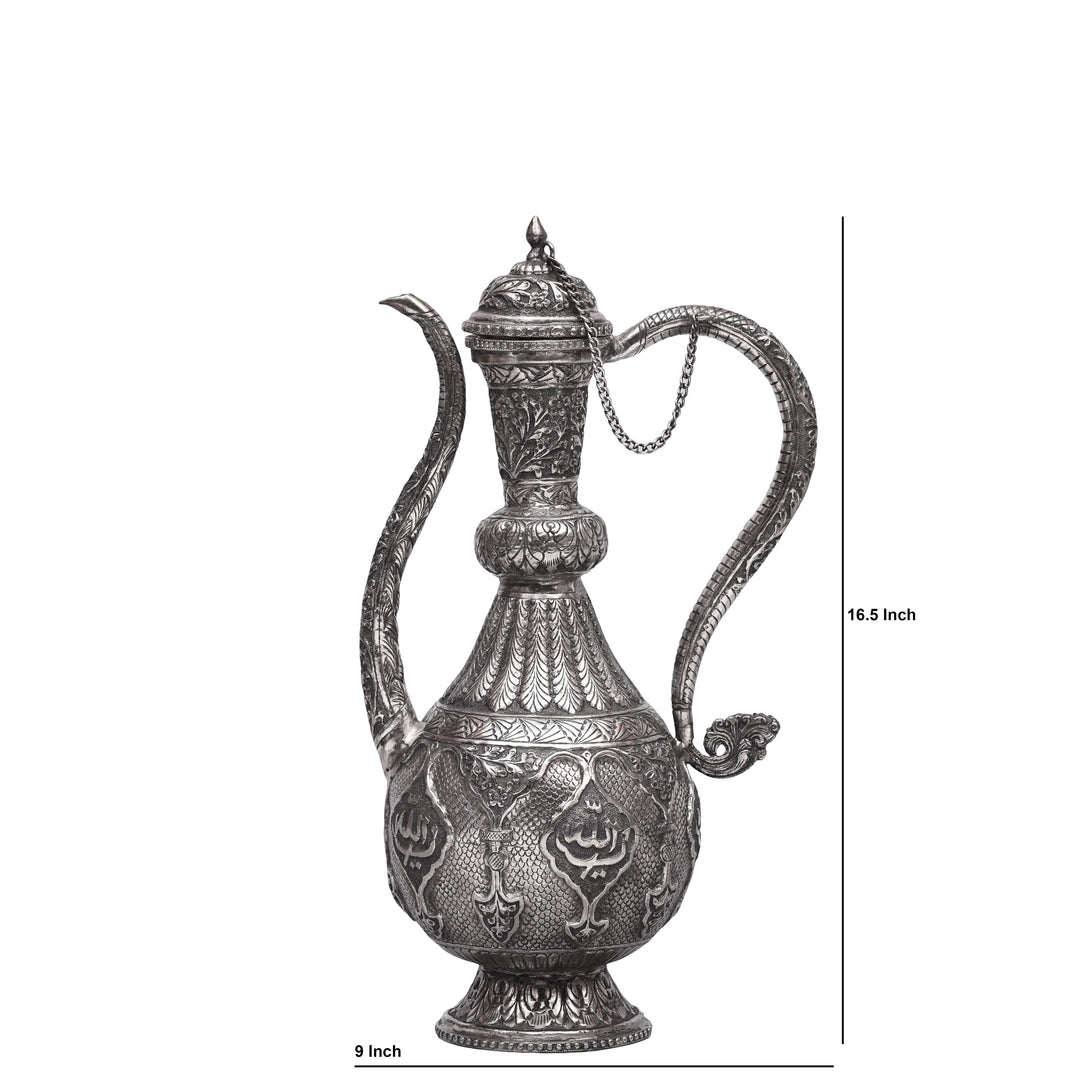 Hand-Engraved Middle Eastern Antique Silver-Polished Copper Surai Ewer