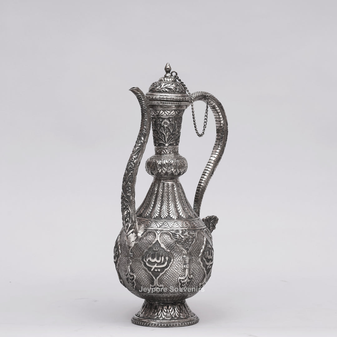 Hand-Engraved Middle Eastern Antique Silver-Polished Copper Surai Ewer