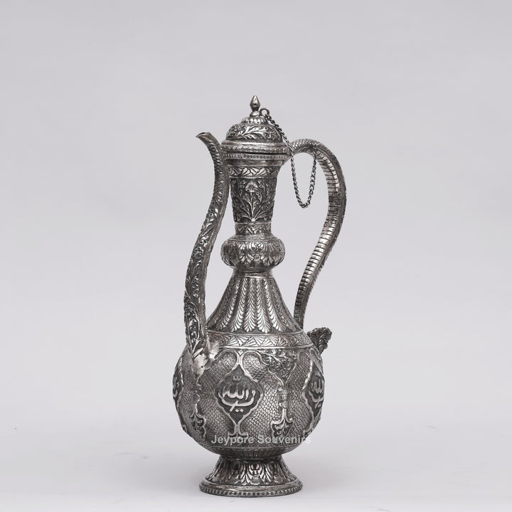 Hand-Engraved Middle Eastern Antique Silver-Polished Copper Surai Ewer