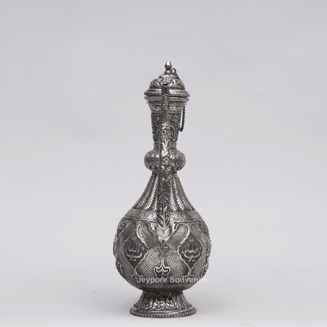 Hand-Engraved Middle Eastern Antique Silver-Polished Copper Surai Ewer