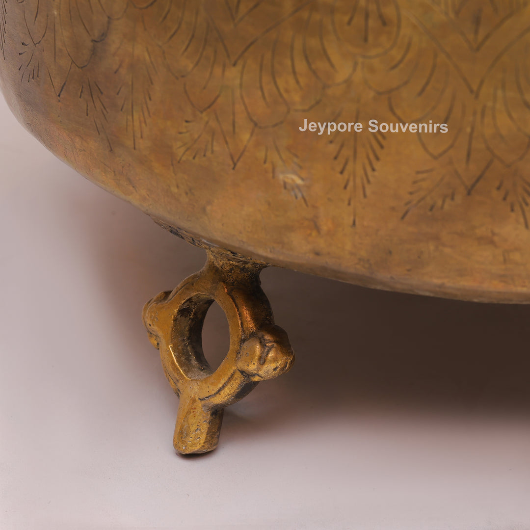Handcrafted Brass Pot with Floral Engraving &amp; Ring Handles
