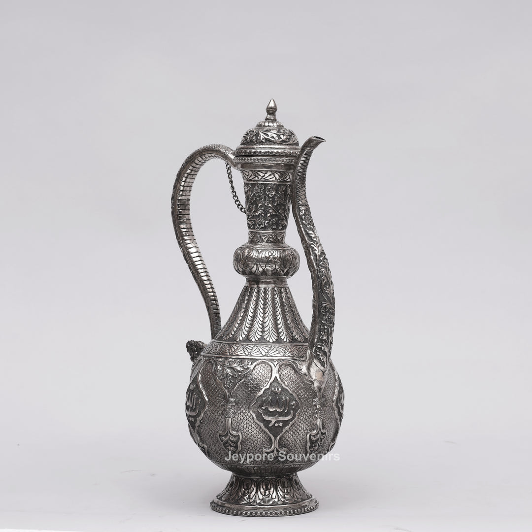 Hand-Engraved Middle Eastern Antique Silver-Polished Copper Surai Ewer
