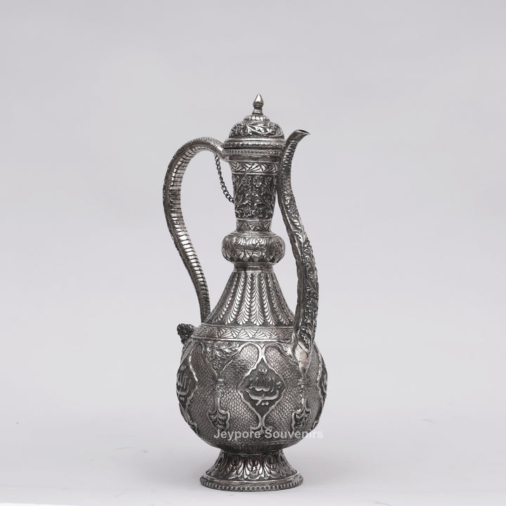 Hand-Engraved Middle Eastern Antique Silver-Polished Copper Surai Ewer
