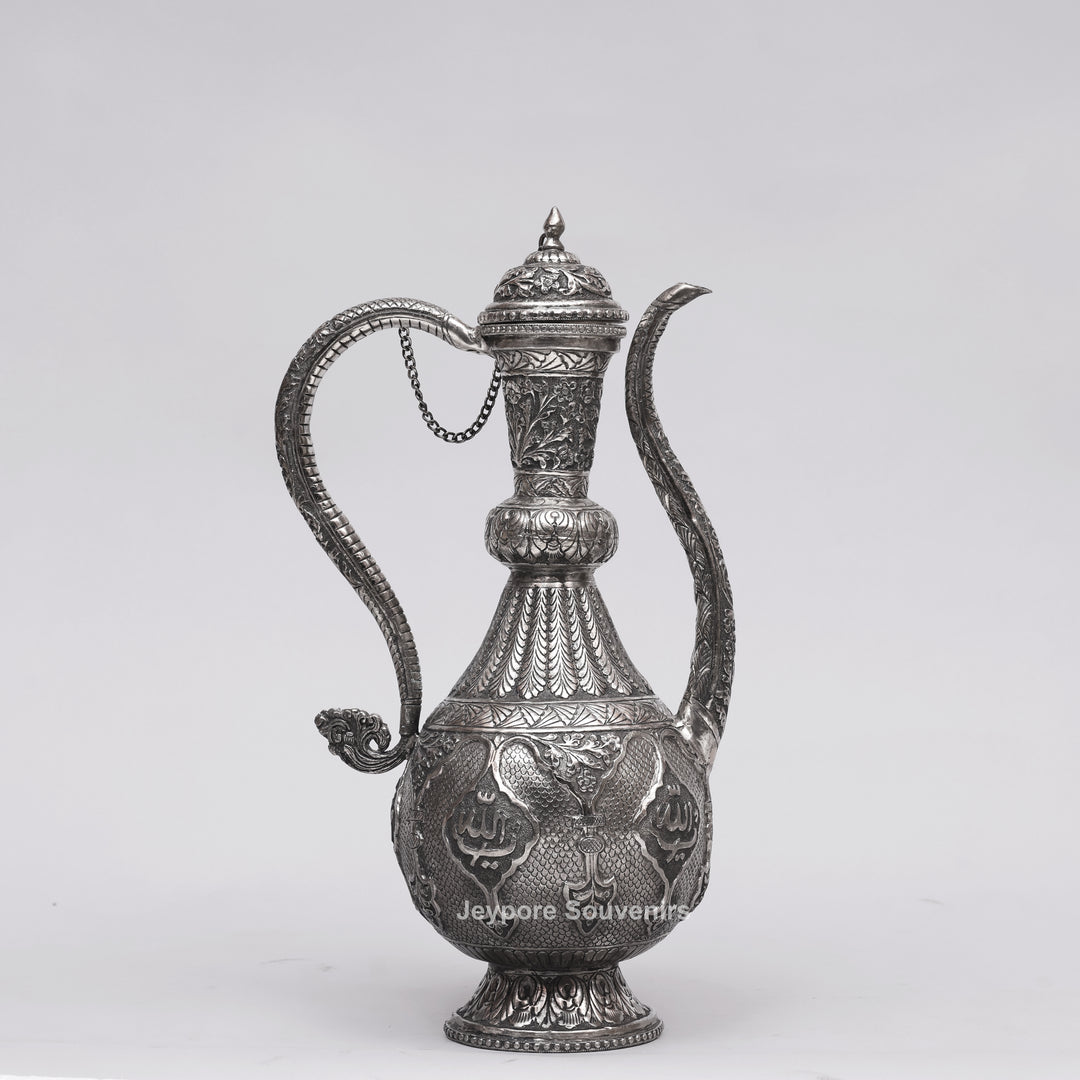 Hand-Engraved Middle Eastern Antique Silver-Polished Copper Surai Ewer