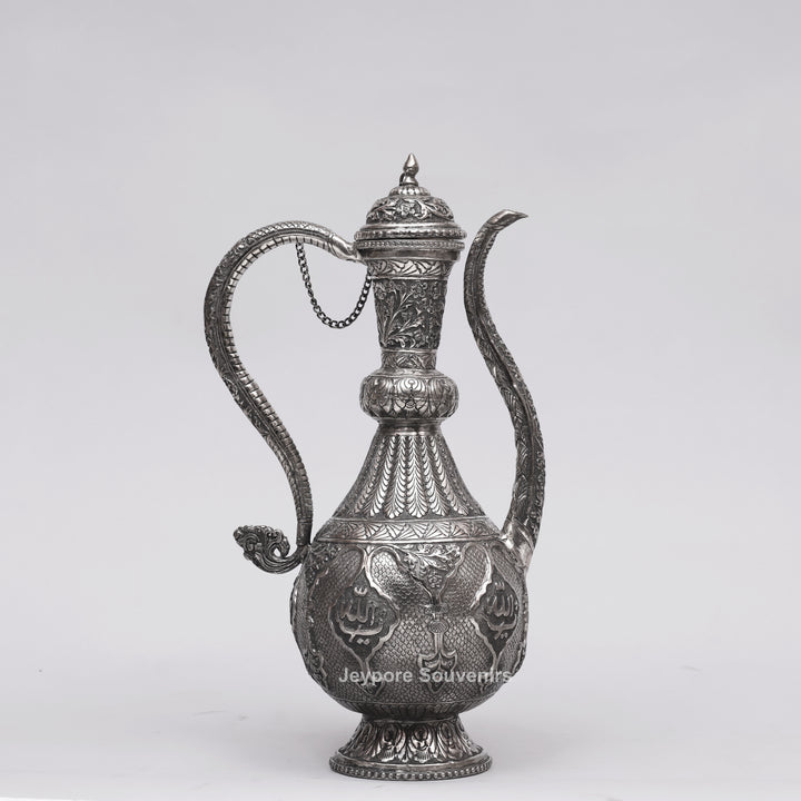 Hand-Engraved Middle Eastern Antique Silver-Polished Copper Surai Ewer
