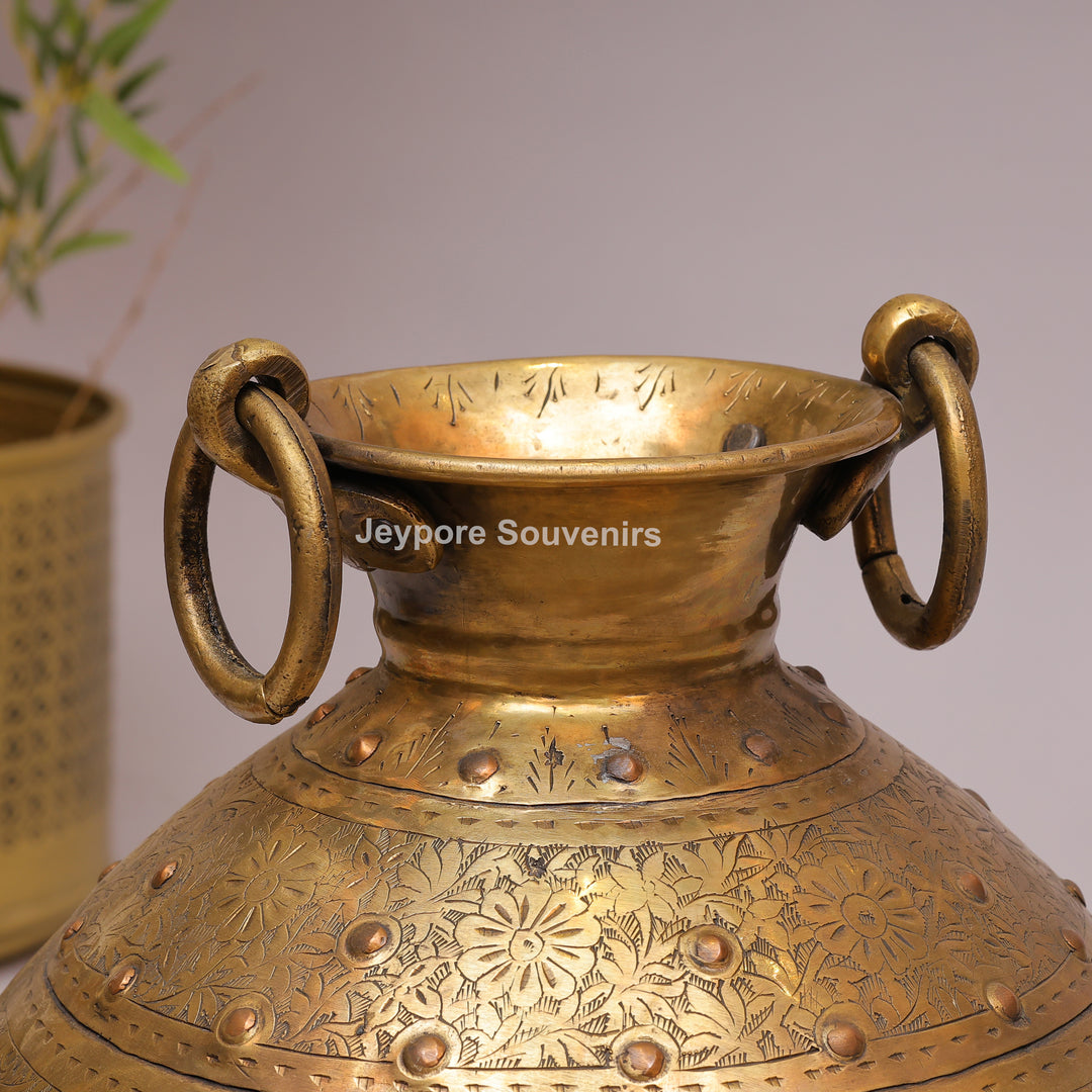 Handcrafted Brass Pot with Floral Engraving &amp; Ring Handles